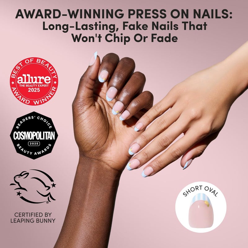 Glamnetic Water rust proof Press On Nails - Summer Fresco | Short Oval Fake Nails with Striped Blue French Tips & Lemon Accents | Salon Quality Summer Nails | 15 Sizes - 30 Nail Kit with Glue Multi-purpose - Image 2
