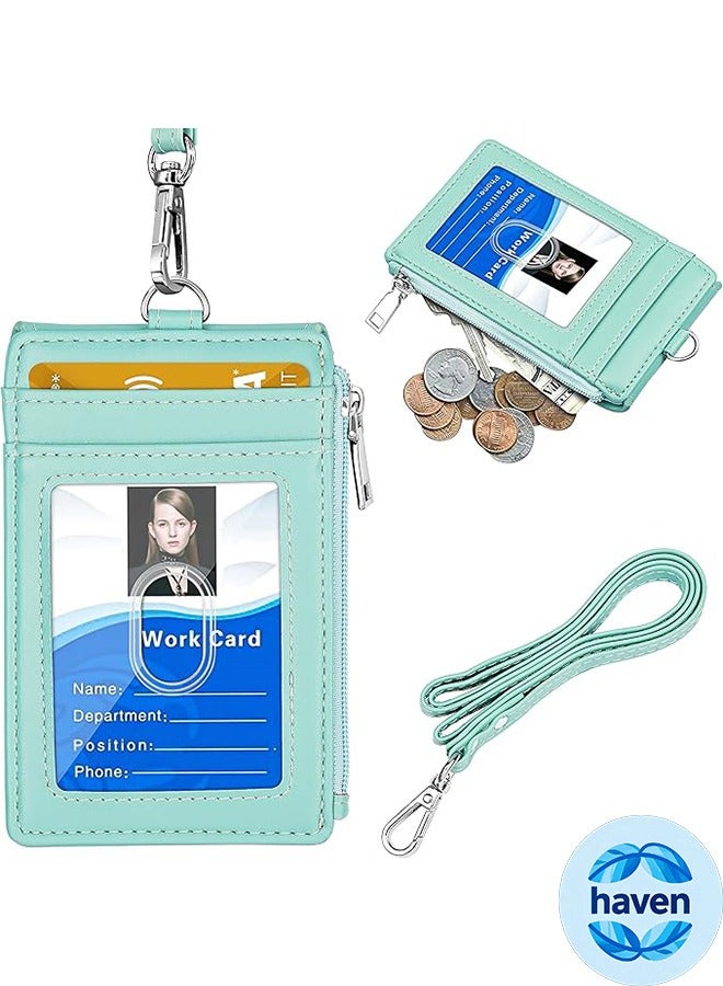HAVEN ELV Badge Holder with Zipper, PU Leather ID Badge Card Holder Wallet with 5 Card Slots, 1 Side RFID Blocking Pocket and 20 Inch Neck Lanyard Strap for Offices ID, School ID, Driver Licence (Green）  - Image 1