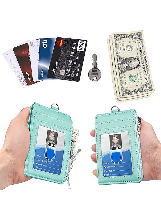HAVEN ELV Badge Holder with Zipper, PU Leather ID Badge Card Holder Wallet with 5 Card Slots, 1 Side RFID Blocking Pocket and 20 Inch Neck Lanyard Strap for Offices ID, School ID, Driver Licence (Green）  - Image 2