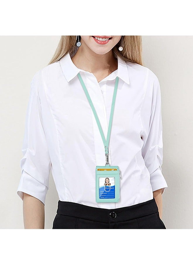 HAVEN ELV Badge Holder with Zipper, PU Leather ID Badge Card Holder Wallet with 5 Card Slots, 1 Side RFID Blocking Pocket and 20 Inch Neck Lanyard Strap for Offices ID, School ID, Driver Licence (Green）  - Image 3