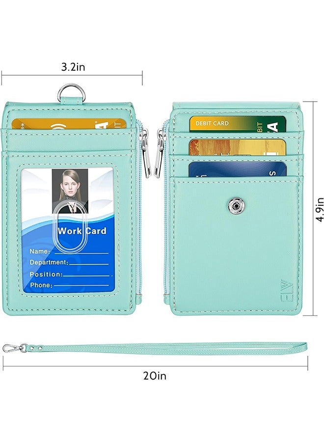 HAVEN ELV Badge Holder with Zipper, PU Leather ID Badge Card Holder Wallet with 5 Card Slots, 1 Side RFID Blocking Pocket and 20 Inch Neck Lanyard Strap for Offices ID, School ID, Driver Licence (Green）  - Image 4