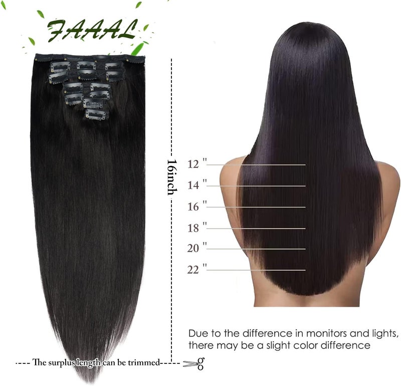 FAAAL 16" Clip in Human Hair Extensions Full Head 130g 7 Pieces 16 Clips 1B# Natural Black Double Weft Brazilian Real Remy Hair Extensions Thick Silky Straight (16", Natural Black) - Image 2