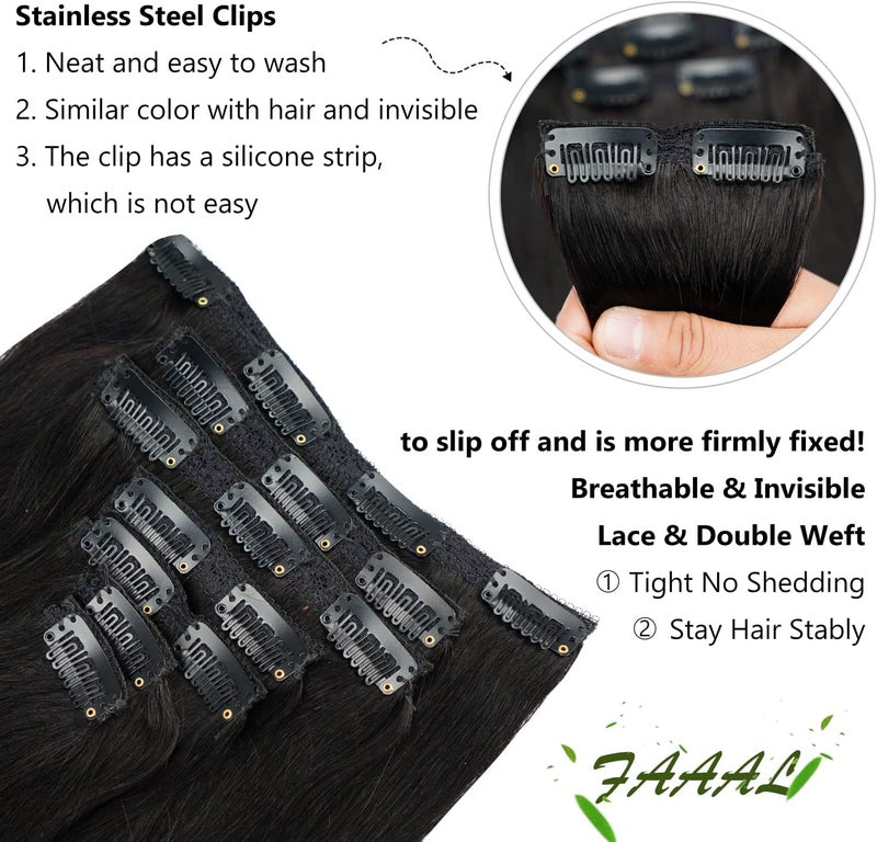 FAAAL 16" Clip in Human Hair Extensions Full Head 130g 7 Pieces 16 Clips 1B# Natural Black Double Weft Brazilian Real Remy Hair Extensions Thick Silky Straight (16", Natural Black) - Image 5