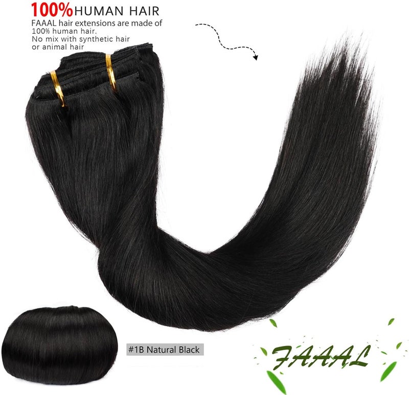 FAAAL 16" Clip in Human Hair Extensions Full Head 130g 7 Pieces 16 Clips 1B# Natural Black Double Weft Brazilian Real Remy Hair Extensions Thick Silky Straight (16", Natural Black) - Image 3
