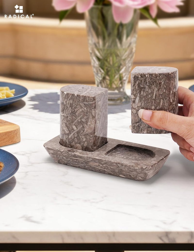 RADICALn Oceanic Marble Salt & Pepper Shaker Set of 2 with Tray, 2.5 Inch Handmade Natural Stone Spice Dispensers for Kitchen & Dining Table, Luxury Kitchen Decor Accessory - Image 3
