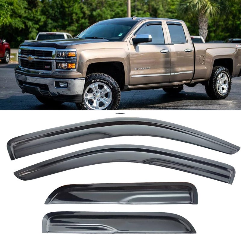 TONOYTIM Window Visors Rain Guards for Chevy Silverado/GMC Sierra 1500 2500HD 3500HD Double/Extended Cab 2014-2018,Side Wind Deflectors Vent Guard Shade Sun Smoke 94528, 4-Pieces Set - Image 2