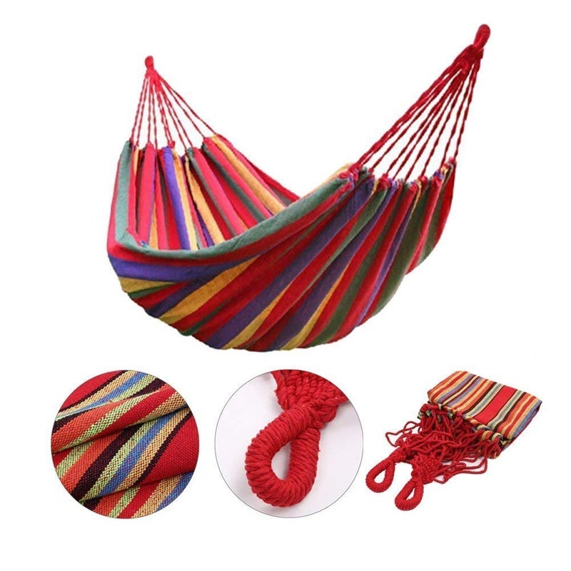 BSBDA Camping Canvas Fabric Portable Garden Hammocks Striped Ultralight Outdoor Beach Swing Bed with Strong Rope - Image 5
