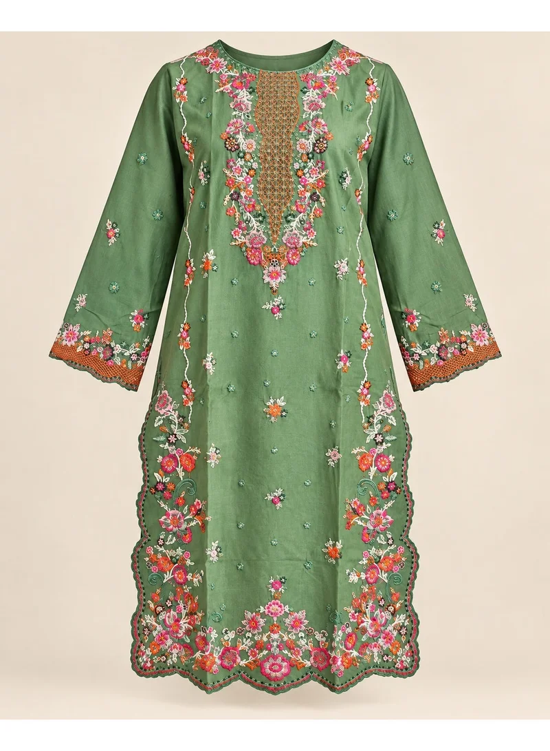 BAZM Green Embroidered Cambric Cotton 3-Piece Suit for Women