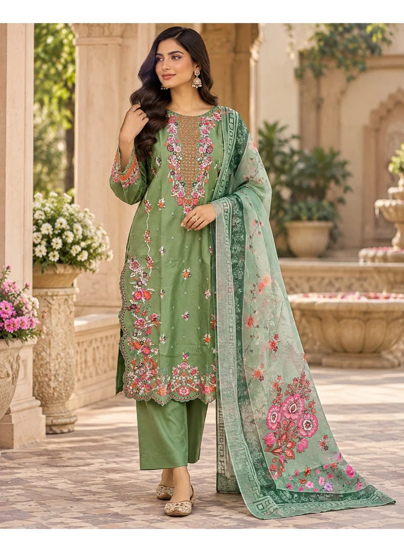BAZM Green Embroidered Cambric Cotton 3-Piece Suit for Women