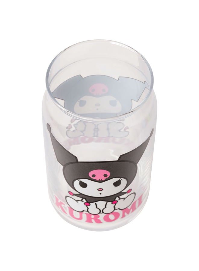 Silver Buffalo Kuromi Sitting on Logo Toss Pattern Stripes 2pk 16oz Glass Tumbler w Bamboo Lid and Glass Straw Set - Image 5