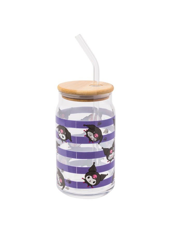 Silver Buffalo Kuromi Sitting on Logo Toss Pattern Stripes 2pk 16oz Glass Tumbler w Bamboo Lid and Glass Straw Set - Image 2