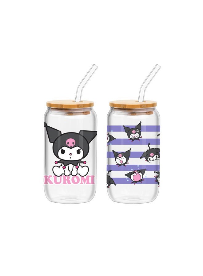 Silver Buffalo Kuromi Sitting on Logo Toss Pattern Stripes 2pk 16oz Glass Tumbler w Bamboo Lid and Glass Straw Set - Image 1