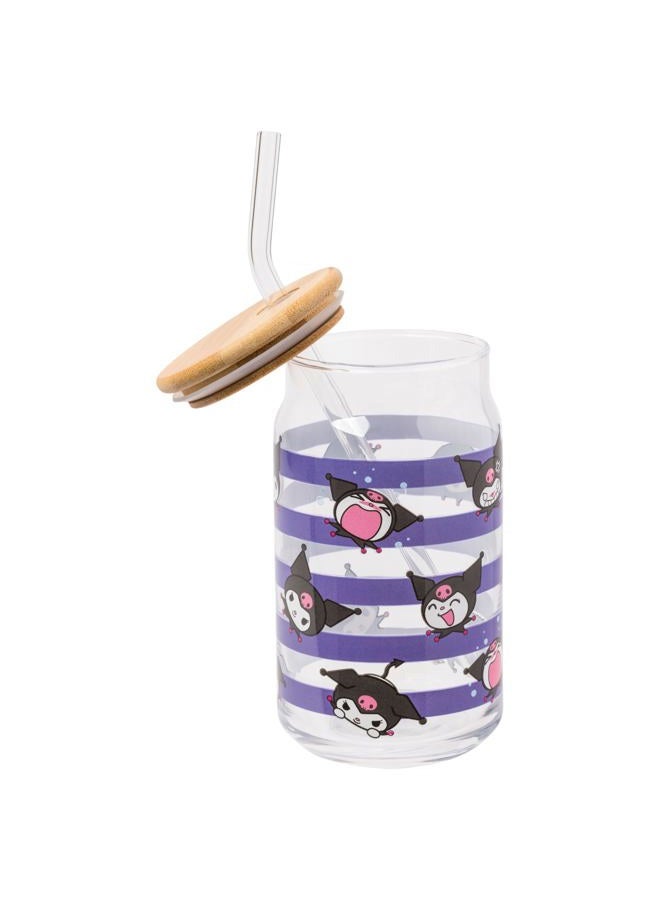 Silver Buffalo Kuromi Sitting on Logo Toss Pattern Stripes 2pk 16oz Glass Tumbler w Bamboo Lid and Glass Straw Set - Image 4