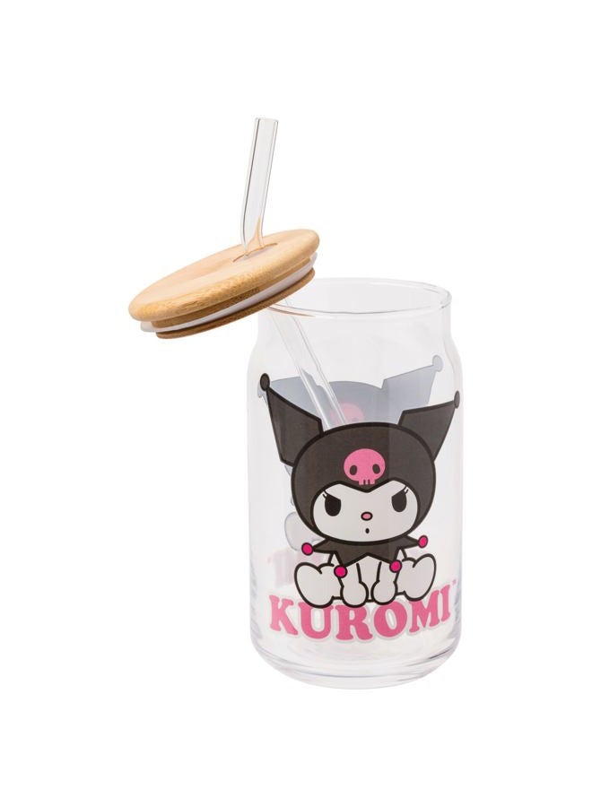 Silver Buffalo Kuromi Sitting on Logo Toss Pattern Stripes 2pk 16oz Glass Tumbler w Bamboo Lid and Glass Straw Set - Image 3
