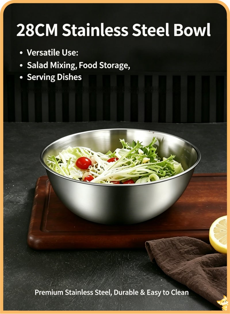 28CM Heavy-Duty Stainless Steel Mixing Bowl - Food Grade, Rust-Resistant Metal Basin with Large Capacity, Ideal for Salad Prep, Marinating Meat, Baking Dough, Washing Fruits/Vegetables & Serving Dishes, Durable, Dishwasher Safe & Easy to Clean Kitchen Essential - Image 1