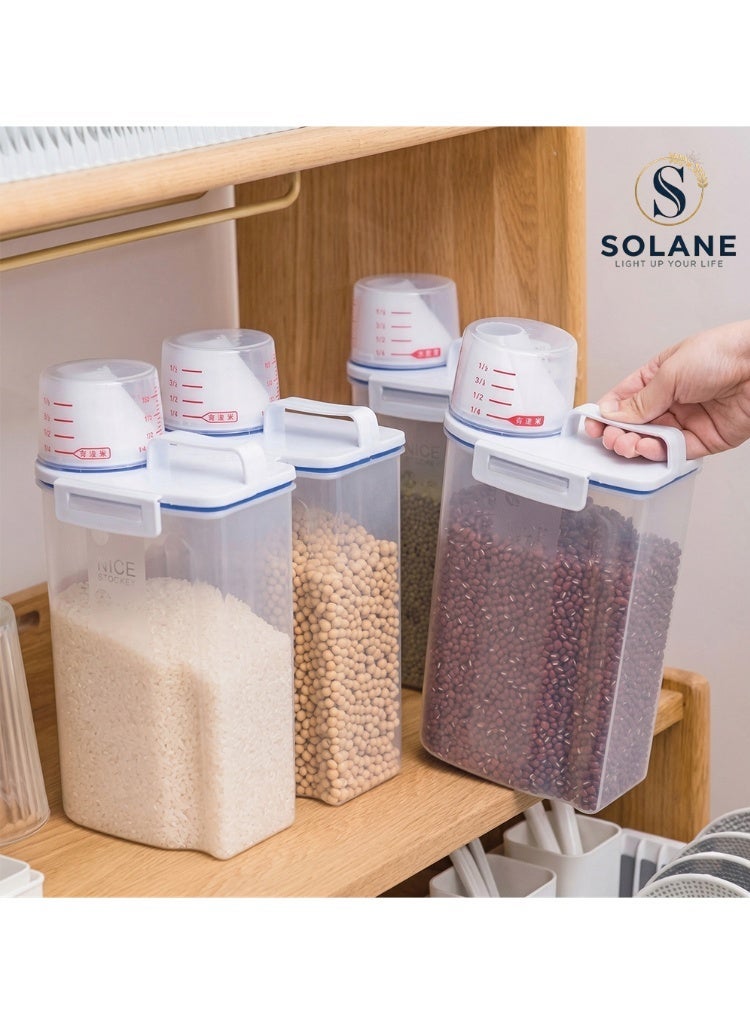 سولان طقم 4 علب تخزين حبوب محكمة الإغلاق من Solane سعة 2 لتر، علب تنظيم مطبخ آمنة للطعام وخالية من BPA مع كوب قياس وأغطية قفل ومقياس شفاف للأرز والدقيق والسكر - Image 1