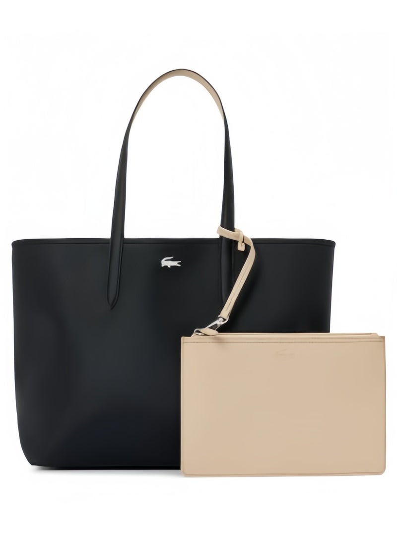 لاكوست حقيبة يد نسائية من لاكوست مزدوجة الجوانب بلونين وسعة كبيرة، عصرية ومتعددة الاستخدامات، باللون الأسود/المشمشي - Image 1
