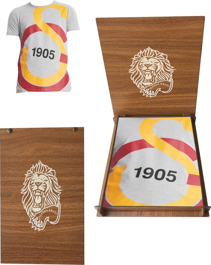 Galatasaray Licensed Large Logo Gray T-Shirt Gift Lion Wooden Box - Image 1