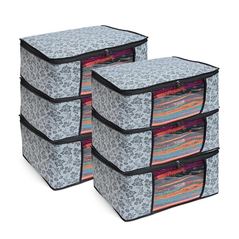 LAXIS أكياس ساري مع سحاب غلاف ساري غير منسوج مطبوع / منظم ساري لخزانة الملابس / تخزين الملابس مع نافذة شفافة / أكياس تخزين ساري / منظم ملابس (رمادي - عبوة من 6) - Image 1