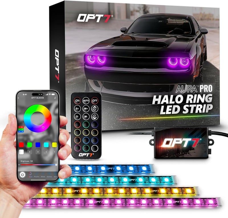 OPT7 أضواء هالو أورا برو DRL لدودج تشالنجر 2008-2023 مع تطبيق وتحكم عن بعد، وضع متعدد الألوان، عين شيطانية، عين ملائكية، ملحقات المصابيح الأمامية، تركيب سهل - Image 1
