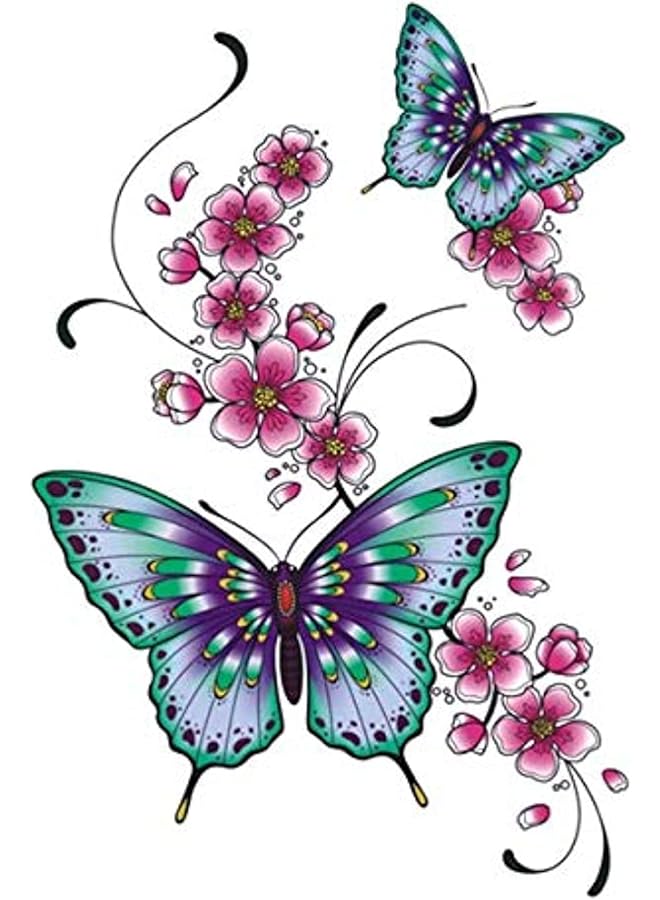 Zaboon Large Flower Arm Waterproof Tattoo Stickers - Butterflies - Pink And Blue - Image 1