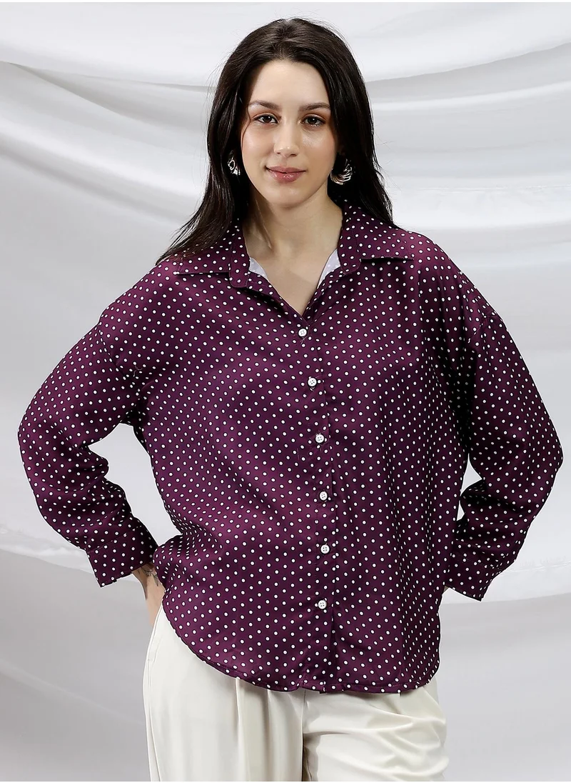 Campus Sutra Campus Sutra Women's Grape Purple Polka-Dot Relaxed Shirt For Casual Wear | Spread Collar | Long Cuffed Sleeves | Button Closure | Shirt Crafted With Comfort Fit For Everyday Wear