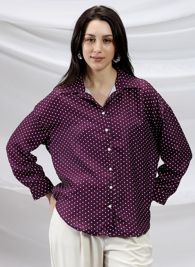 Campus Sutra Campus Sutra Women's Grape Purple Polka-Dot Relaxed Shirt For Casual Wear | Spread Collar | Long Cuffed Sleeves | Button Closure | Shirt Crafted With Comfort Fit For Everyday Wear  - Image 2