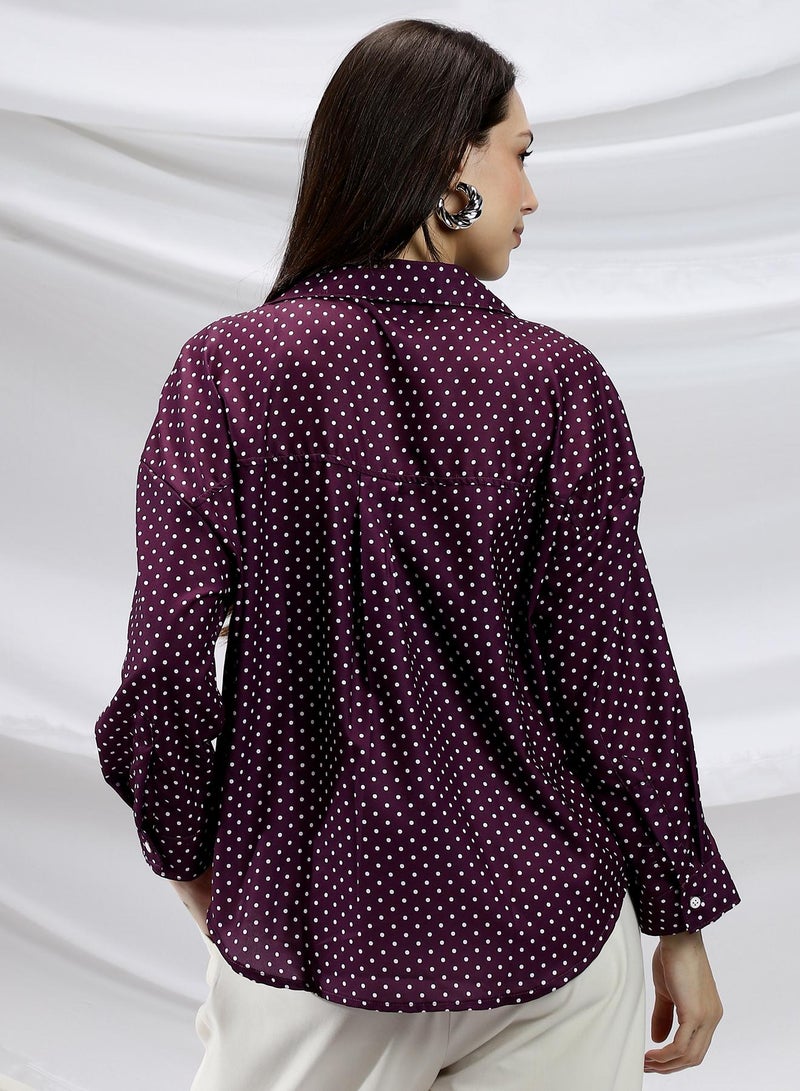 Campus Sutra Campus Sutra Women's Grape Purple Polka-Dot Relaxed Shirt For Casual Wear | Spread Collar | Long Cuffed Sleeves | Button Closure | Shirt Crafted With Comfort Fit For Everyday Wear  - Image 5