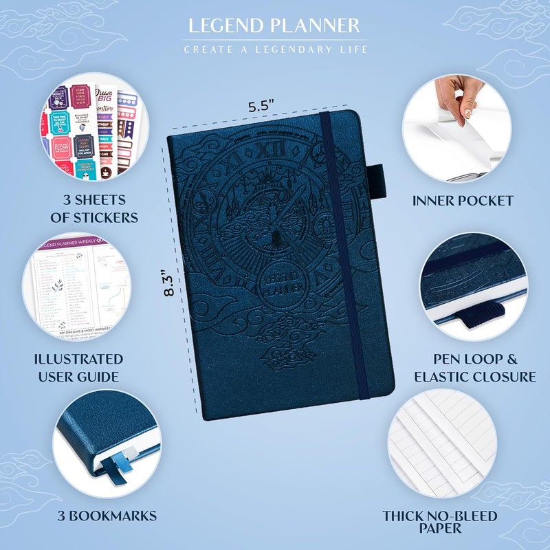 Legend Planner – مخطط أسبوعي وشهري فاخر لتحقيق أهدافك والعيش بسعادة أكبر. دفتر تنظيم ومفكرة إنتاجية. غلاف مقوى A5، غير مؤرخ – ابدأ في أي وقت + ملصقات – أزرق غامق - Image 2