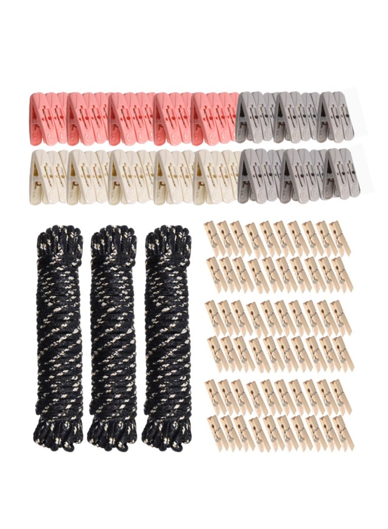 123 PIECE SET | Laundry Drying Essentials | Includes 60 Plastic Pegs (Cream, Blush, Charcoal) & 60 Wooden Pins + 3 Black Polypropylene Ropes (10m Each) | Ideal for Clothes Drying, Outdoor Hanging, and Creative Crafts  - Image 1