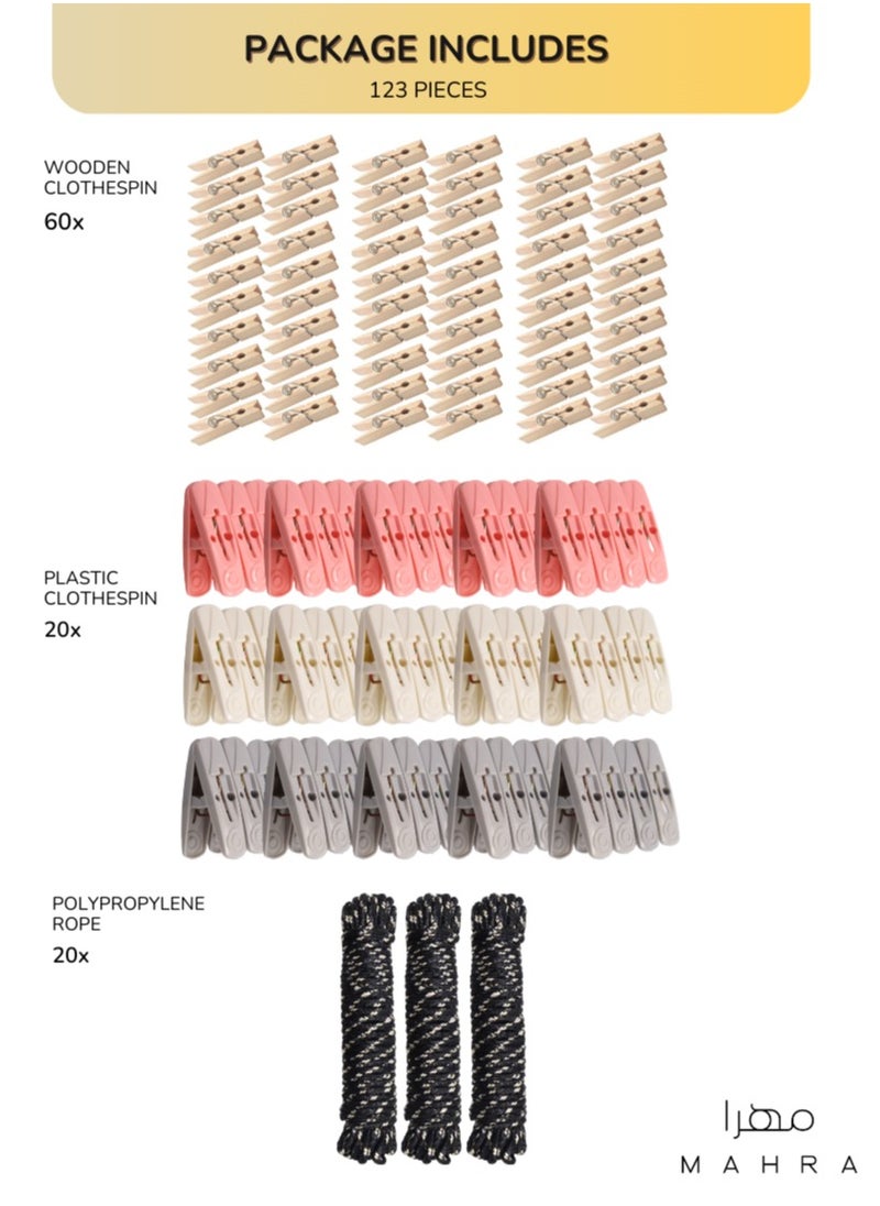 123 PIECE SET | Laundry Drying Essentials | Includes 60 Plastic Pegs (Cream, Blush, Charcoal) & 60 Wooden Pins + 3 Black Polypropylene Ropes (10m Each) | Ideal for Clothes Drying, Outdoor Hanging, and Creative Crafts - pzsku/ZDDE8B33E5B618025EED3Z/45/_/1728408436/271b7a89-dcbb-4679-bda6-f0b7fb39b4c8