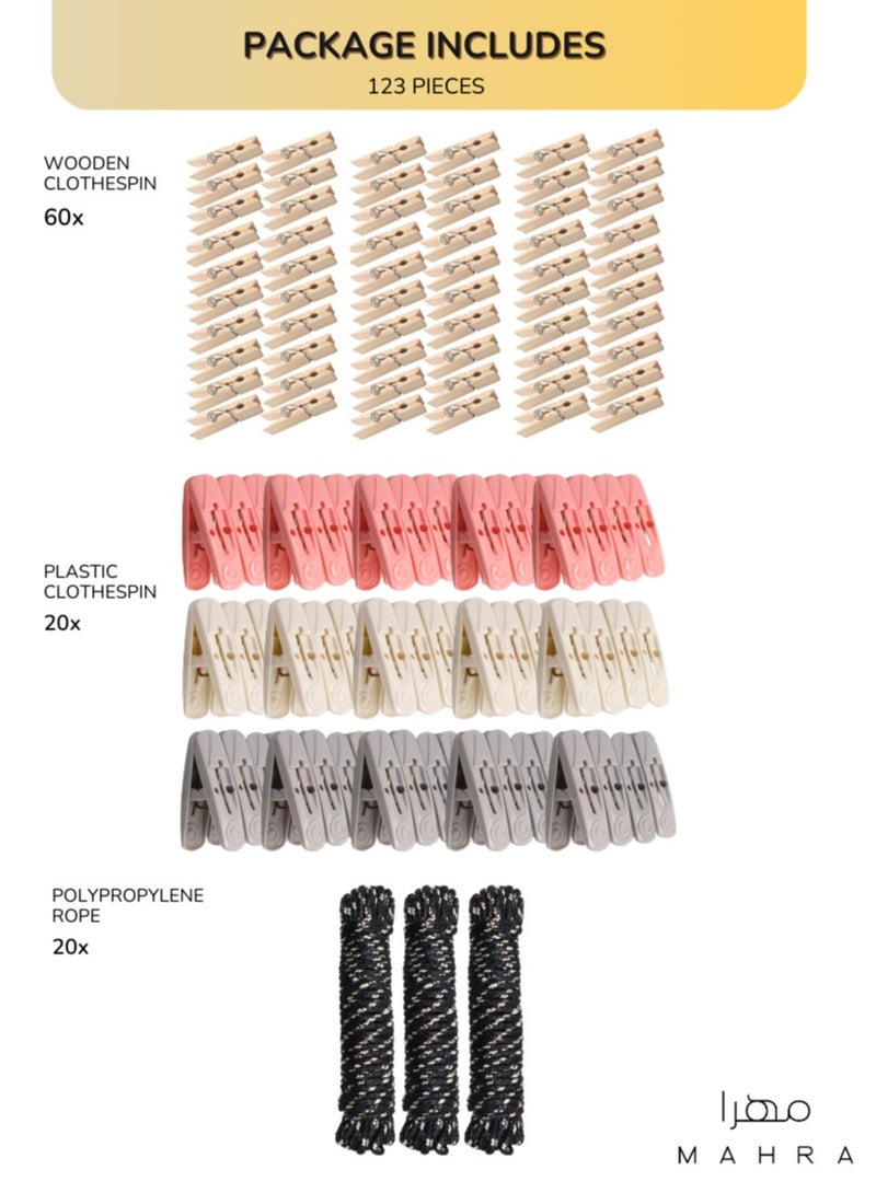 123 PIECE SET | Laundry Drying Essentials | Includes 60 Plastic Pegs (Cream, Blush, Charcoal) & 60 Wooden Pins + 3 Black Polypropylene Ropes (10m Each) | Ideal for Clothes Drying, Outdoor Hanging, and Creative Crafts  - Image 2