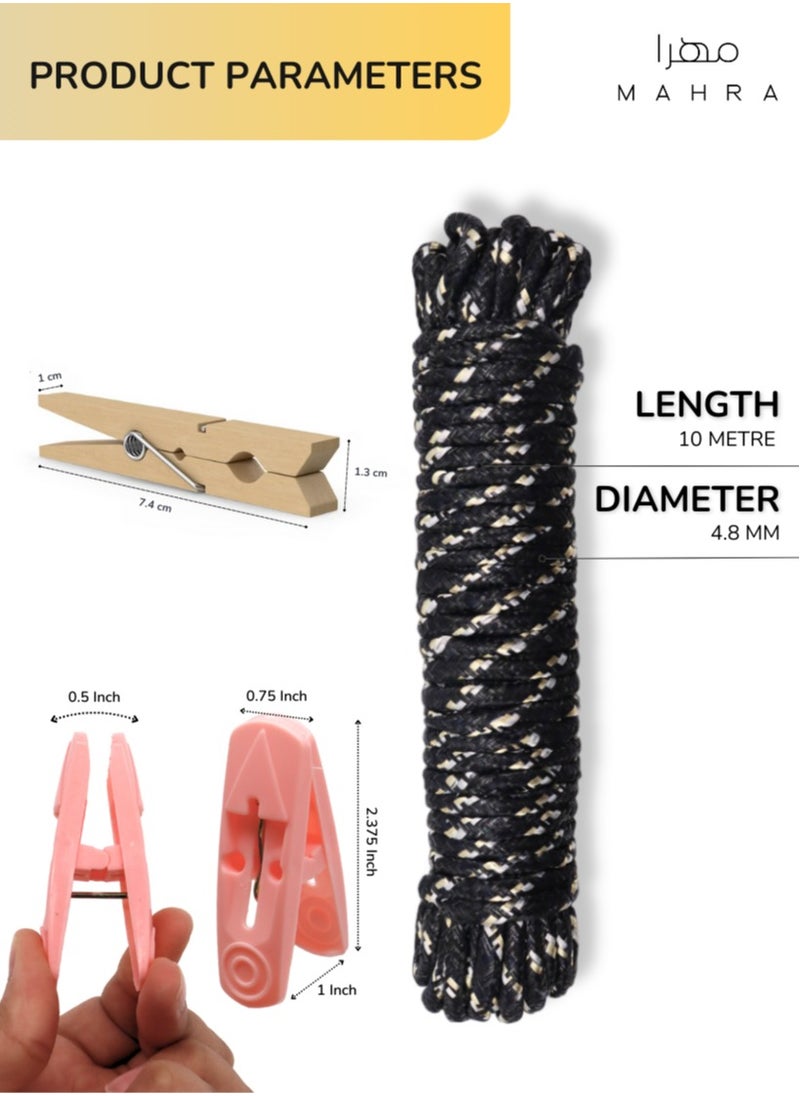 123 PIECE SET | Laundry Drying Essentials | Includes 60 Plastic Pegs (Cream, Blush, Charcoal) & 60 Wooden Pins + 3 Black Polypropylene Ropes (10m Each) | Ideal for Clothes Drying, Outdoor Hanging, and Creative Crafts - pzsku/ZDDE8B33E5B618025EED3Z/45/_/1728408439/27ca0feb-b497-4dd0-9c03-45fd4a4c3c6c