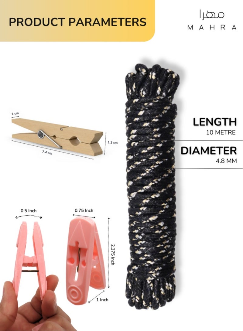 123 PIECE SET | Laundry Drying Essentials | Includes 60 Plastic Pegs (Cream, Blush, Charcoal) & 60 Wooden Pins + 3 Black Polypropylene Ropes (10m Each) | Ideal for Clothes Drying, Outdoor Hanging, and Creative Crafts  - Image 3