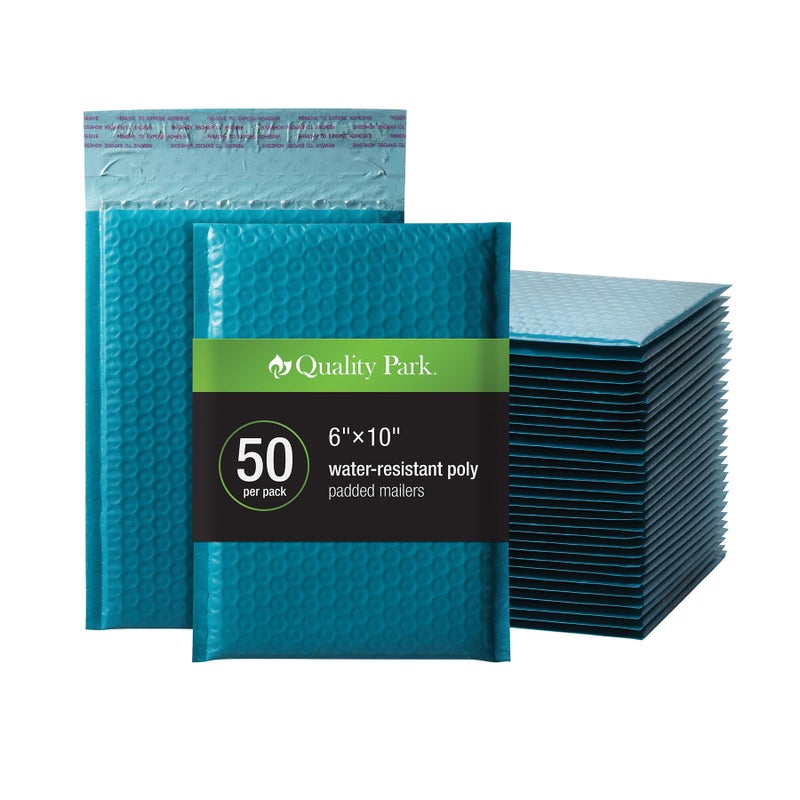 Quality Park Bubble Mailers, 6 x 9 Inch, Blue Poly Mailers, Padded Envelopes, Shipping Envelopes, Water Resistant, Self Seal, 50 Per Box (QUA85862) - Image 1