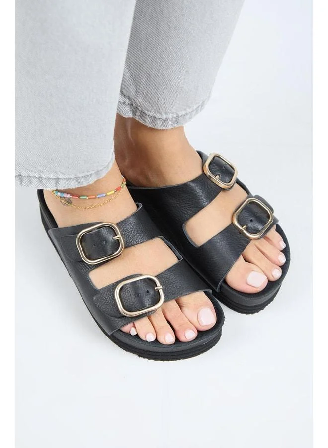 Manijero  Alexa Women's Real Leather Double Buckle Platform Black Slippers. for Women | Best Price UAE