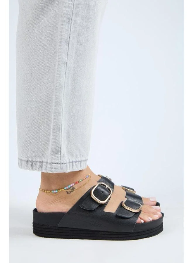 Manijero  Alexa Women's Real Leather Double Buckle Platform Black Slippers. for Women | Best Price UAE