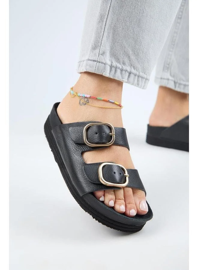Alexa Women's Real Leather Double Buckle Platform Black Slippers.