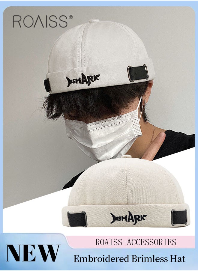 roaiss Men's Retro Embroidered Brimless Hat, Shark Pattern Doceker Hat, Streetwear Cool Trendy Beige Cap, Adjustable Size  - Image 1