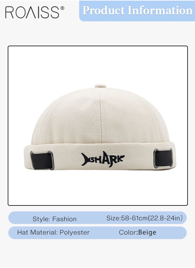 roaiss Men's Retro Embroidered Brimless Hat, Shark Pattern Doceker Hat, Streetwear Cool Trendy Beige Cap, Adjustable Size  - Image 3