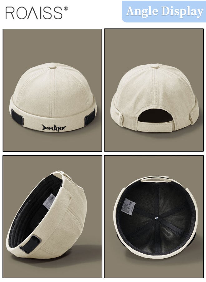 roaiss Men's Retro Embroidered Brimless Hat, Shark Pattern Doceker Hat, Streetwear Cool Trendy Beige Cap, Adjustable Size  - Image 5