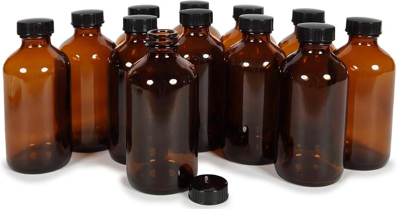 Vivaplex 12 Amber 8 oz Glass Bottles with Lids - Image 1