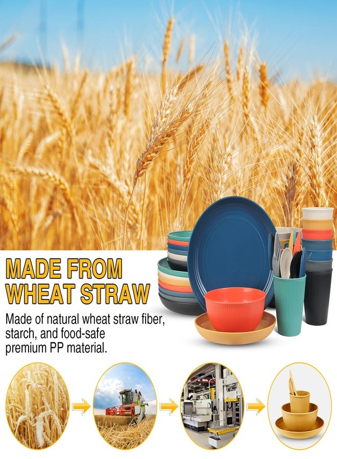 LAERJIN 56 Piece Wheat Straw Dinnerware Sets,Unbreakable Reusable Dinnerware Set,Dishwasher & Microwave Safe Plates and Bowls Sets, for Apartment Essentials, Outdoor Camping, Colourful - Image 3