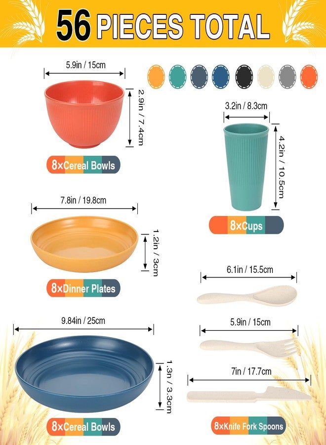 LAERJIN 56 Piece Wheat Straw Dinnerware Sets,Unbreakable Reusable Dinnerware Set,Dishwasher & Microwave Safe Plates and Bowls Sets, for Apartment Essentials, Outdoor Camping, Colourful - Image 2