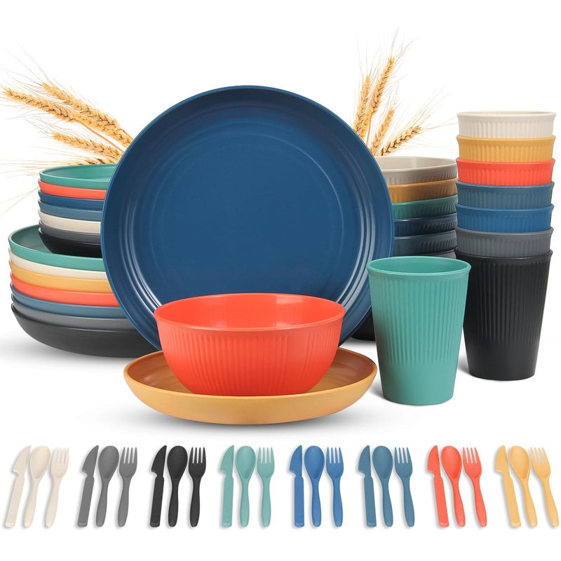 LAERJIN 56 Piece Wheat Straw Dinnerware Sets,Unbreakable Reusable Dinnerware Set,Dishwasher & Microwave Safe Plates and Bowls Sets, for Apartment Essentials, Outdoor Camping, Colourful - Image 1