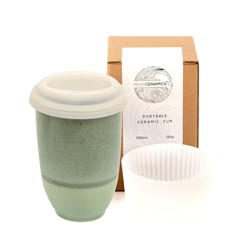 NOVA CERAMICS Travel Mug – Travel Coffee Tumbler – On the Go Coffee Mug – Microwave & Dishwasher Safe Green CoffeeTumbler - Gifts for Women Men Him Her – 12oz – Emerald - Image 1