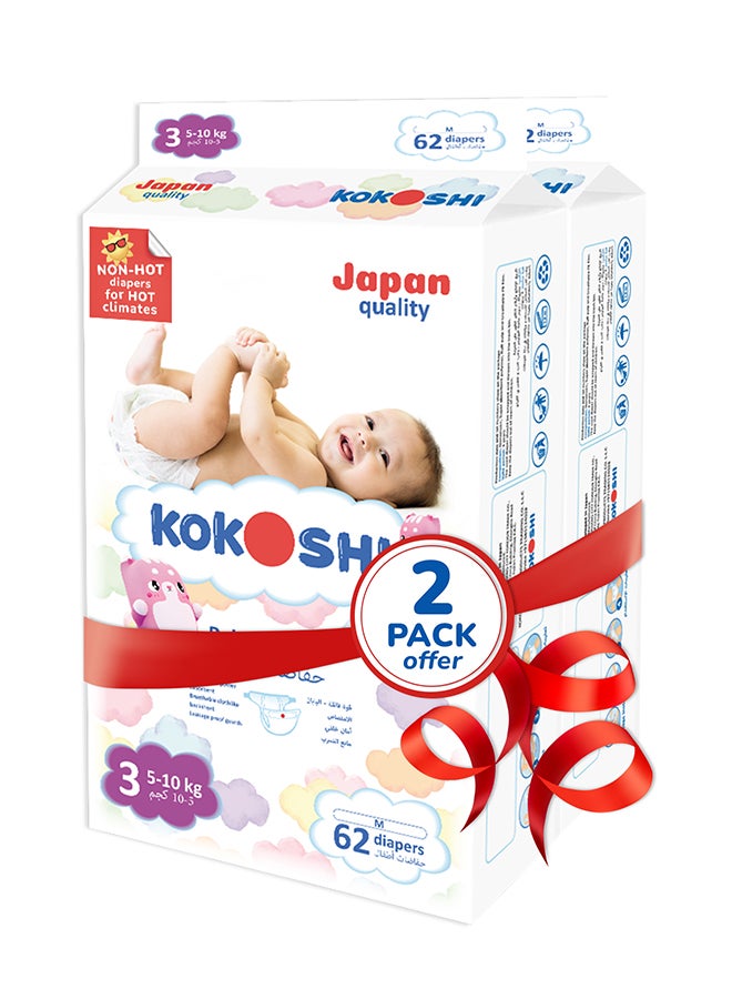 Kokoshi Premium Baby Diapers Size 3 (5–10 kg), 124 pcs – Ultra-Soft, Hypoallergenic, 12h Protection, Breathable, Leak-Proof Japanese, Wetness Indicator - Image 1