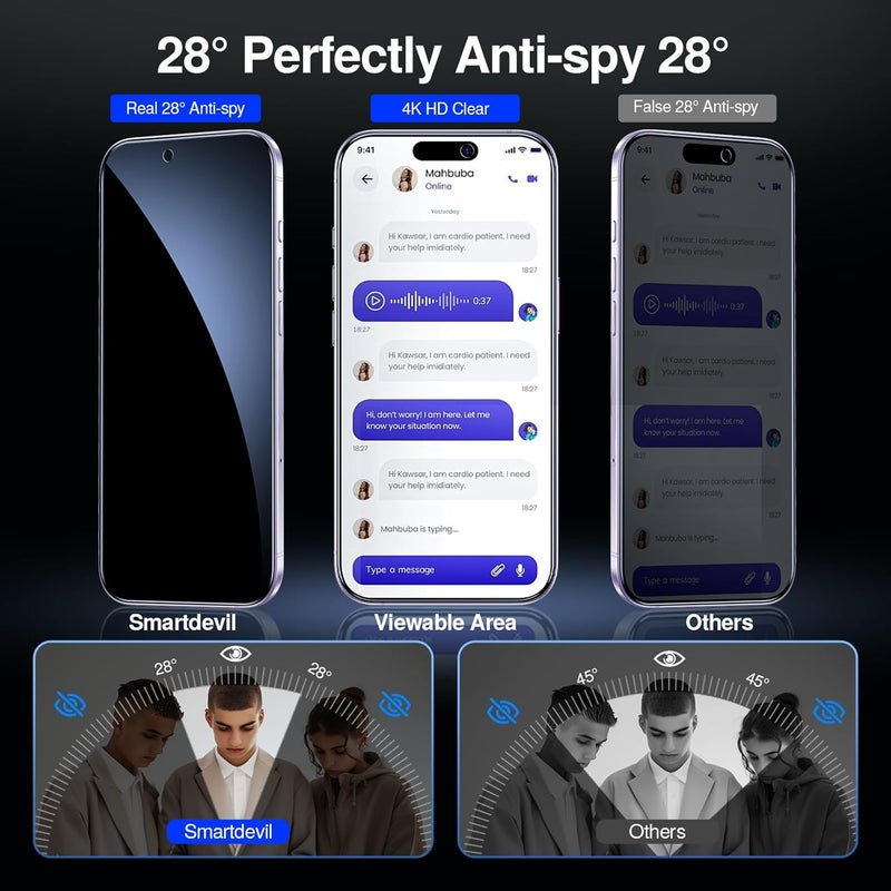 سمارت ديفل حماية شاشة الخصوصية من ، عبوة من قطعتين لـ iPhone 16، زجاج مقاوم للكسر من الدرجة 9H [حماية عسكرية]، واقي شاشة زجاجي مضاد للتجسس مع تركيب تلقائي لإزالة الغبار - Image 3
