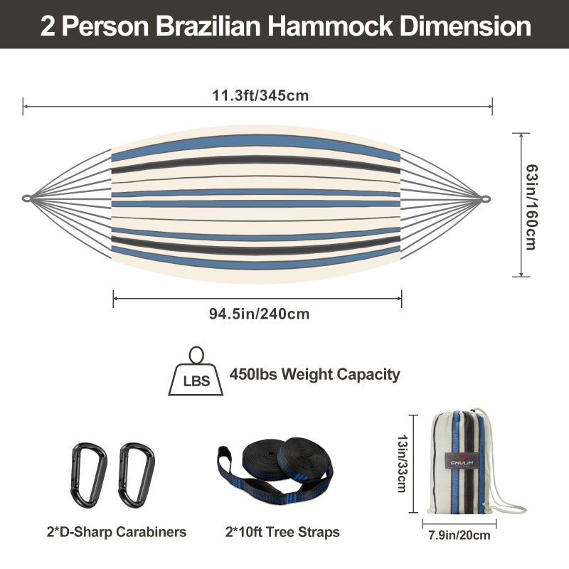 CHULIM Brazilian Double Hammock with Tree Straps,Extra Large 94x63IN,2 Persons Hammock for Backyard Patio Outdoor and Indoor,450lbs Weight Capacity,Soft Woven Cotton Fabric - Blue Stripe - Image 3