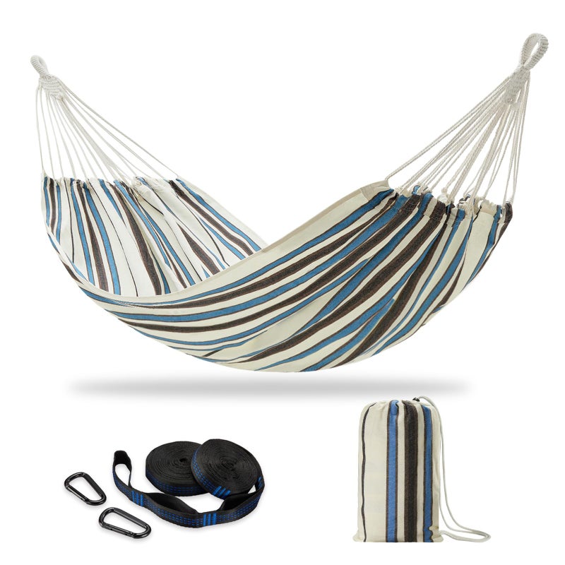 CHULIM Brazilian Double Hammock with Tree Straps,Extra Large 94x63IN,2 Persons Hammock for Backyard Patio Outdoor and Indoor,450lbs Weight Capacity,Soft Woven Cotton Fabric - Blue Stripe - Image 1